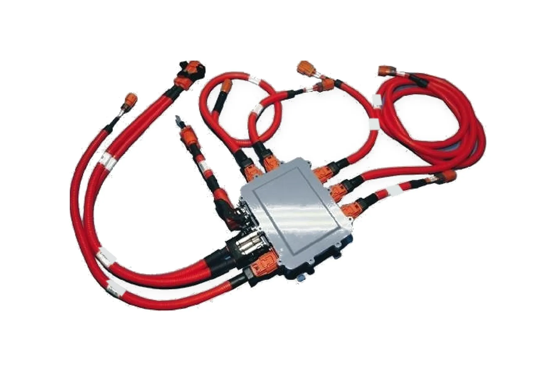 EV high-voltage wire harness with junction box and shielded red cables