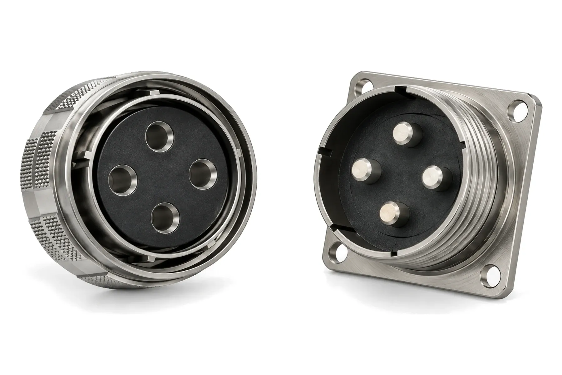 38999-type power plug and square-flange receptacle with four power contacts