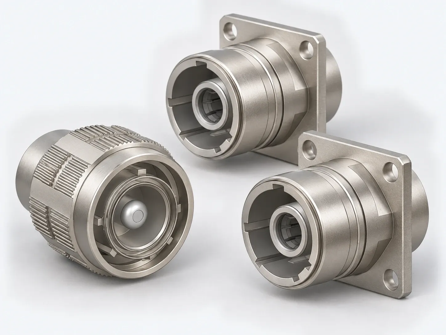 J599HV high-voltage square-flange receptacle, rendering