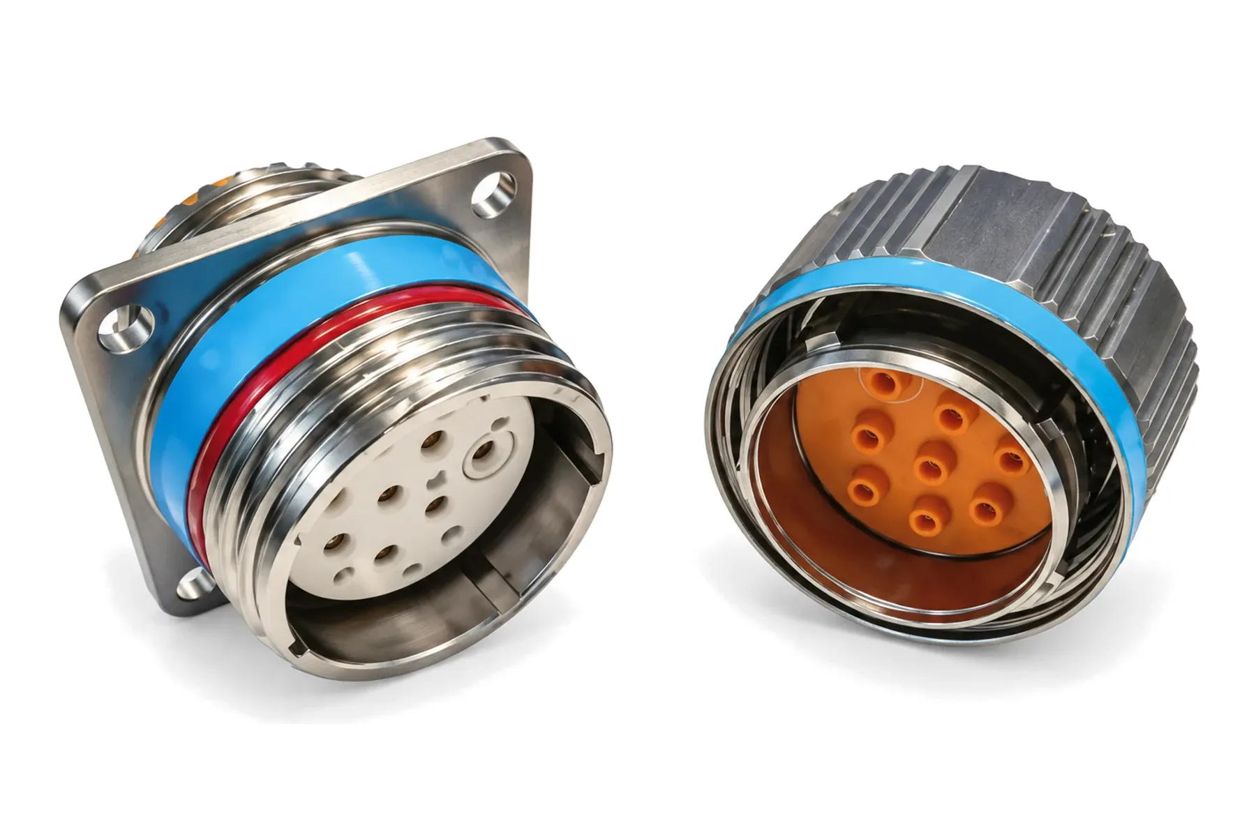 J599S5 square-flange receptacle and plug with blue colour bands